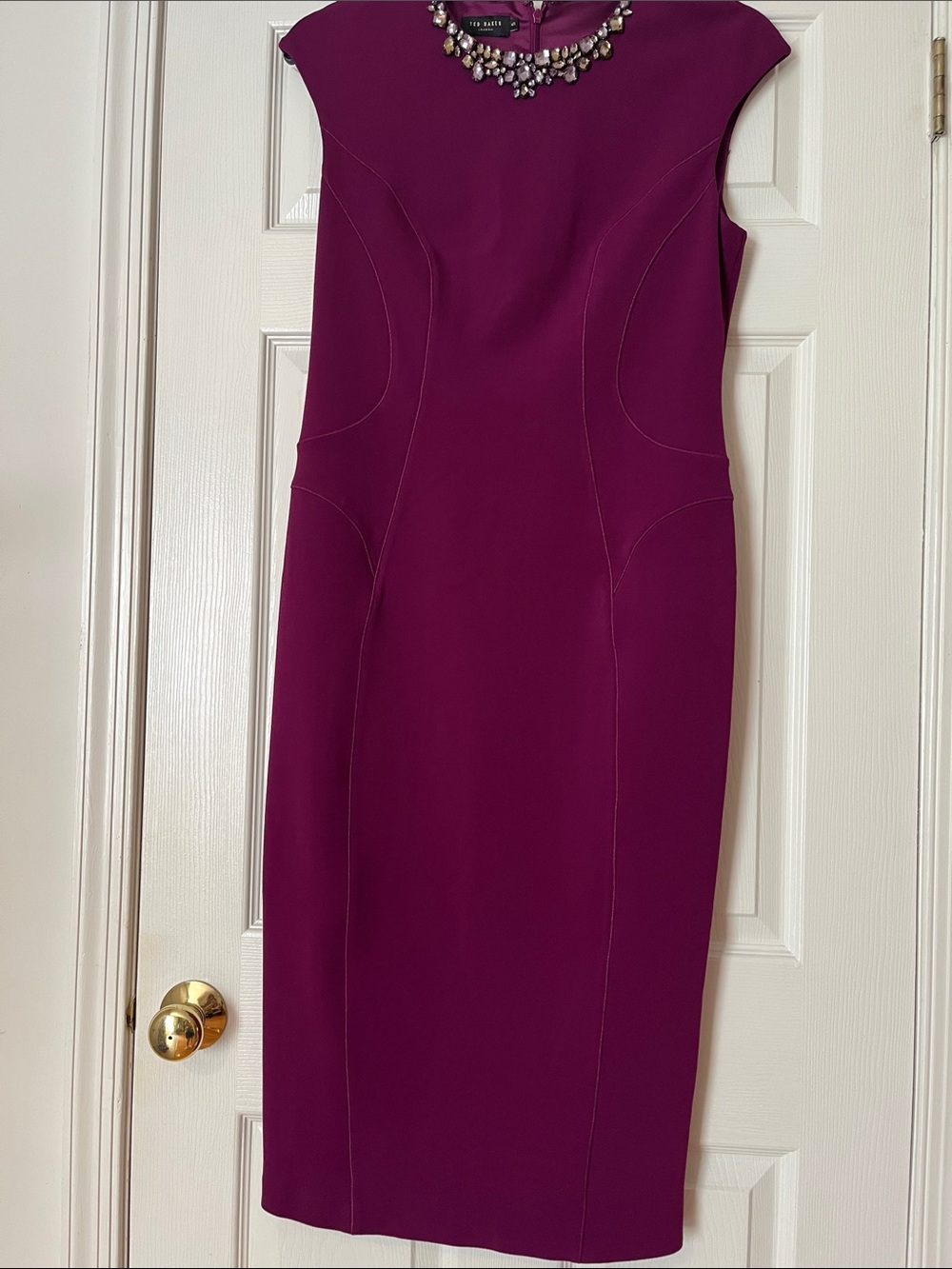 Ted Baker Jewel-Embellished Plum Midi Sheath Dress